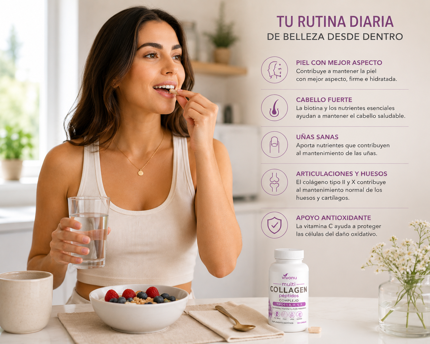 Mujer tomando cápsulas de colágeno como parte de su rutina de belleza