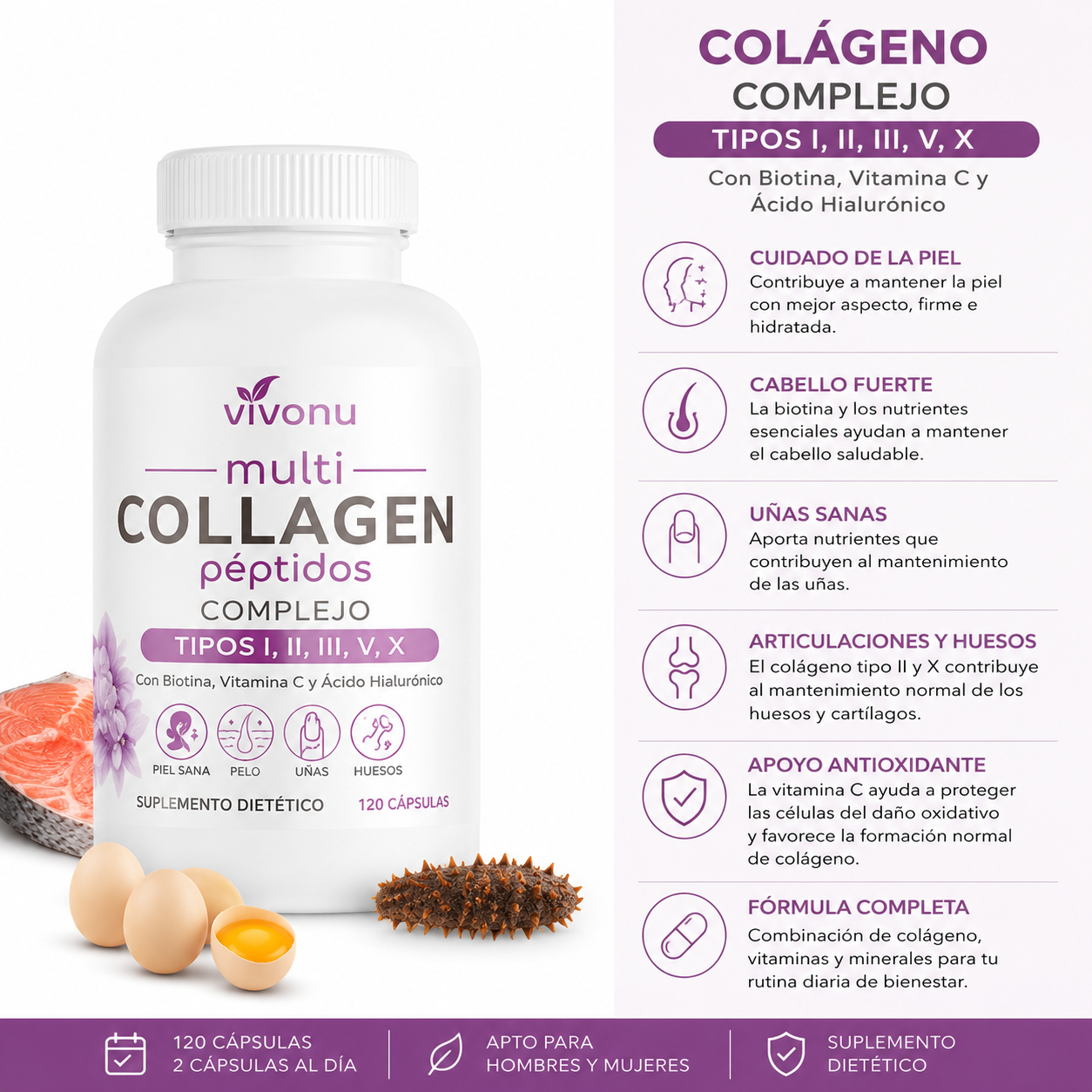 Cápsulas de colágeno multi complejo con biotina, vitamina C y ácido hialurónico